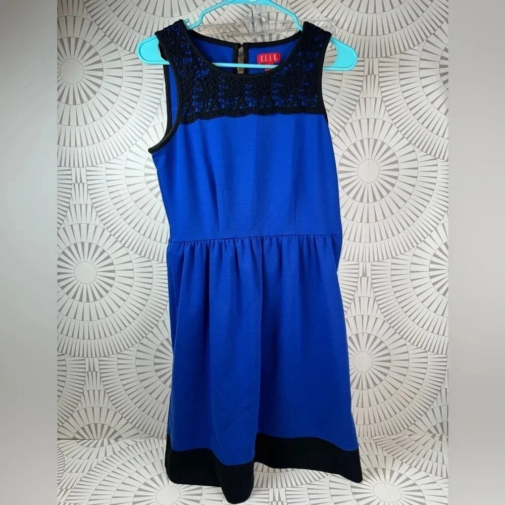 Elle Women’s Royal Blue Dress with Black Crochet Top and Black bottom Hem Size 6